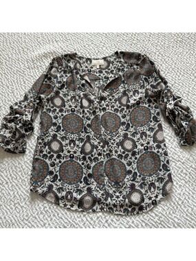 Paisley Print Split V-Neck, 3/4 Sleeve Blouse, Multicolor, Size Small